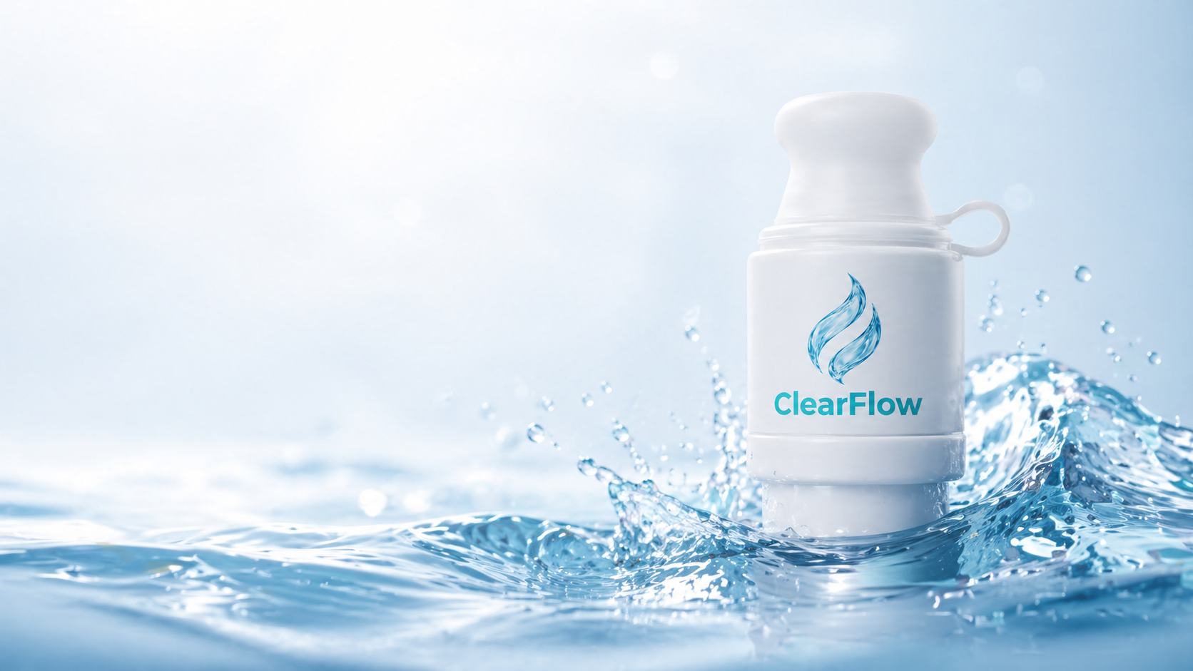 Portable water filter — ClearFlow snap-on cap on a standard PET bottle in a water splash