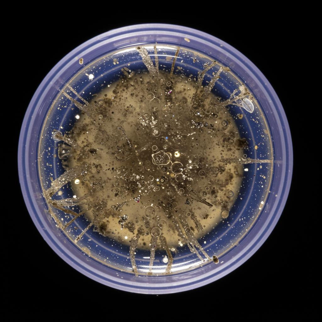 Microplastic particles in a petri dish — microscopic contamination found in human tissue